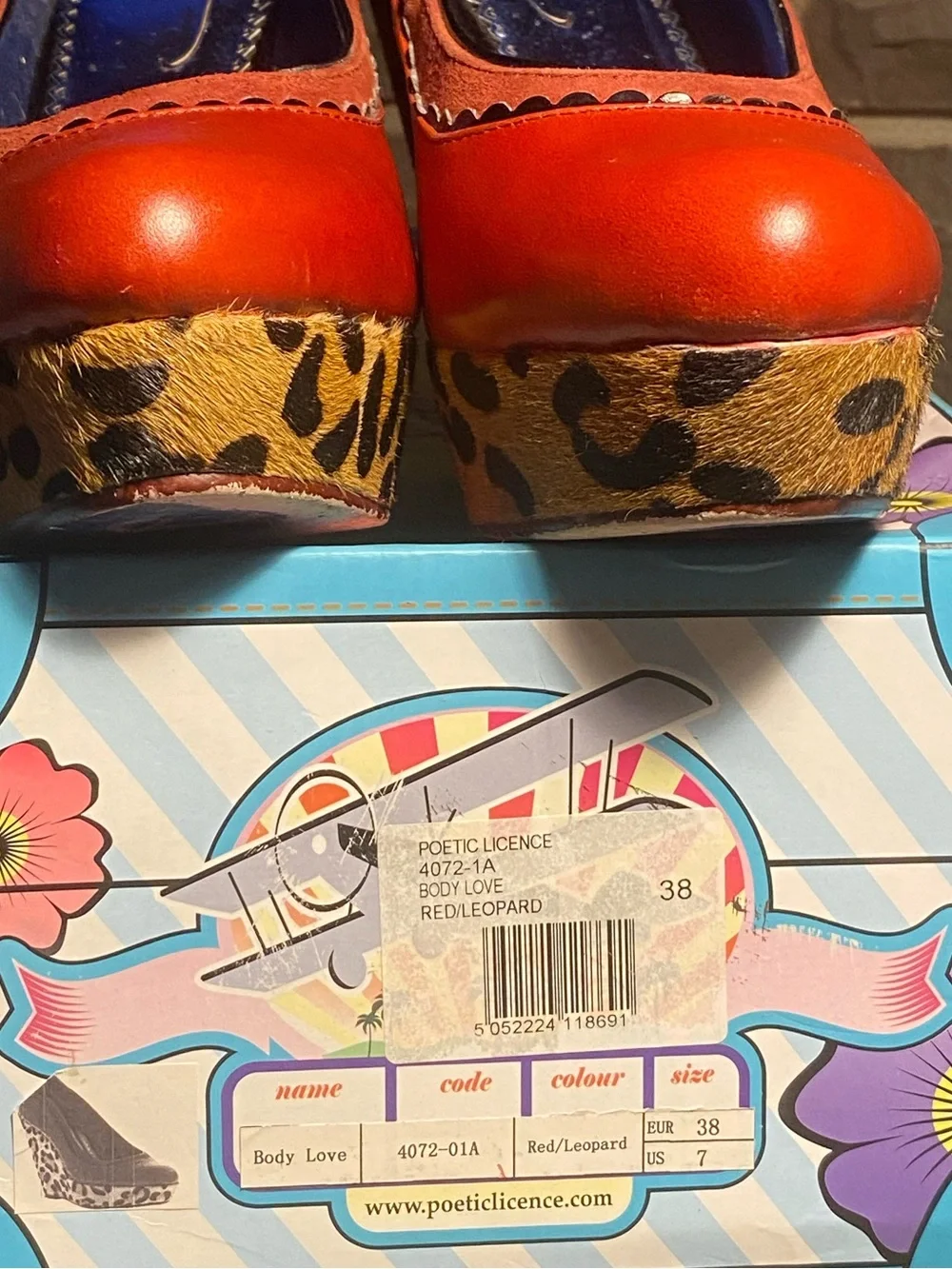 Irregular Choice Body Love platform wedges,red leather,leopard faux fur,in box,7